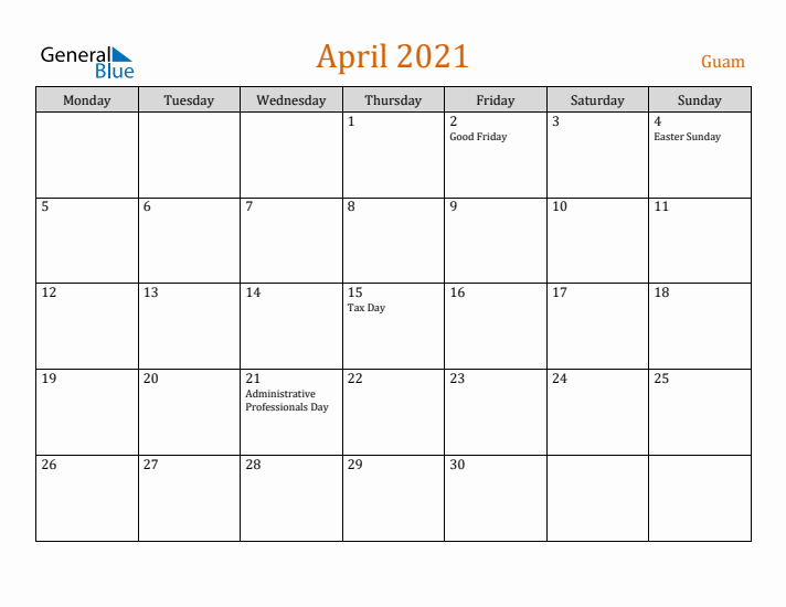 April 2021 Holiday Calendar with Monday Start