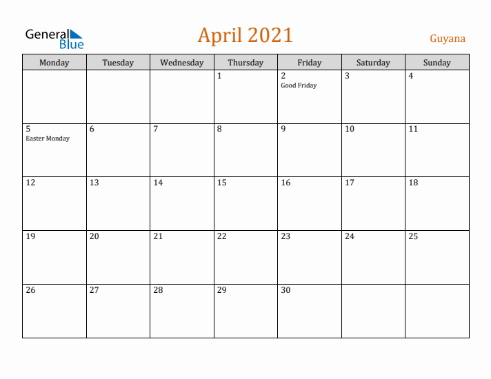 April 2021 Holiday Calendar with Monday Start