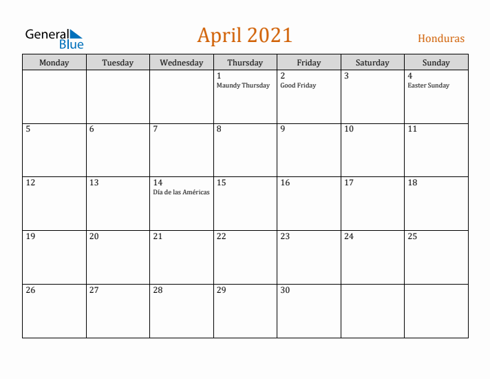 April 2021 Holiday Calendar with Monday Start