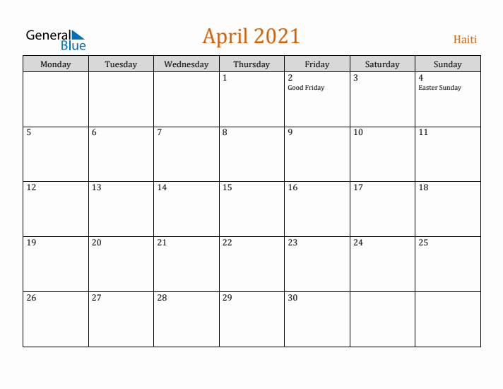 April 2021 Holiday Calendar with Monday Start