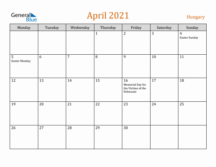 April 2021 Holiday Calendar with Monday Start