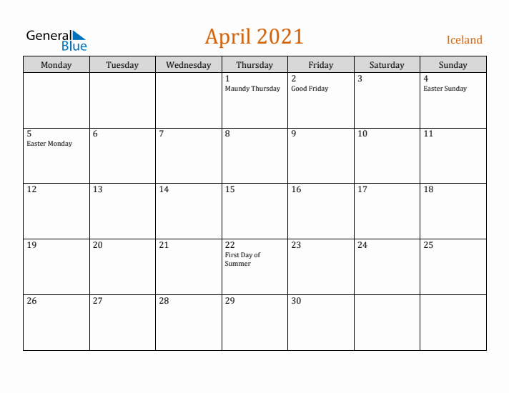 April 2021 Holiday Calendar with Monday Start