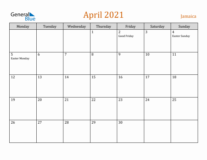 April 2021 Holiday Calendar with Monday Start