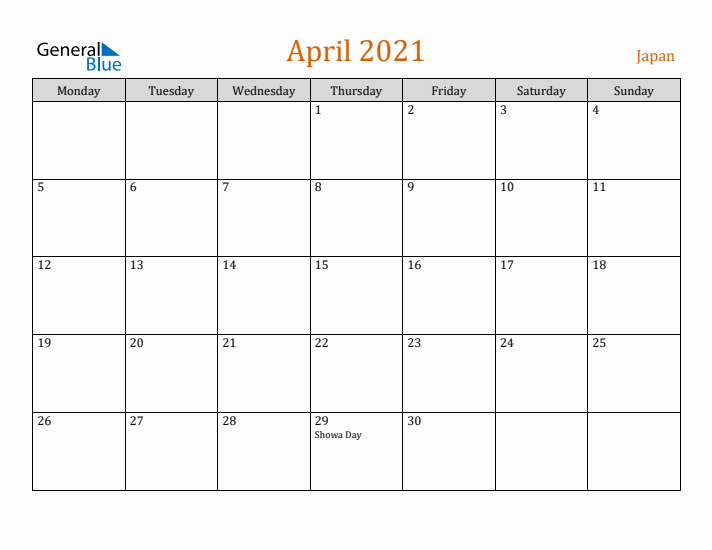 April 2021 Holiday Calendar with Monday Start