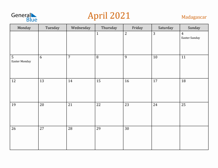 April 2021 Holiday Calendar with Monday Start