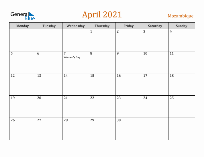 April 2021 Holiday Calendar with Monday Start