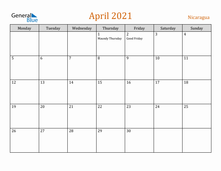 April 2021 Holiday Calendar with Monday Start