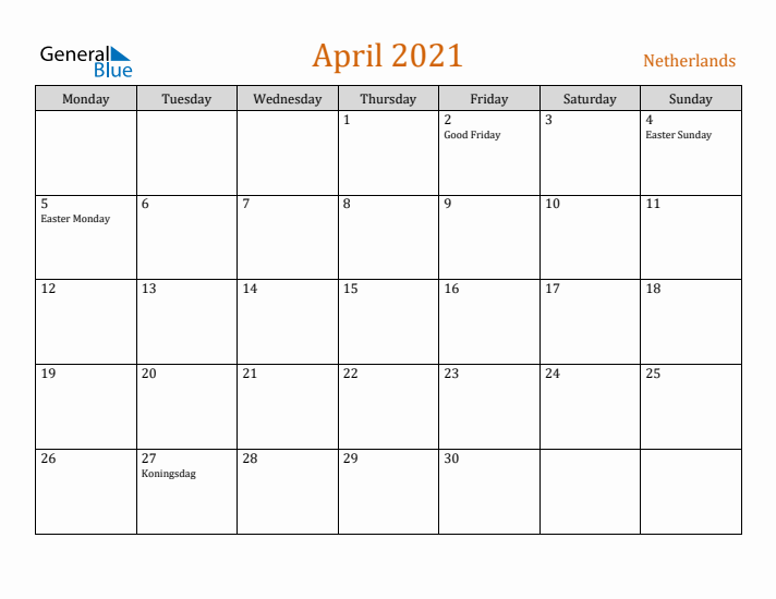 April 2021 Holiday Calendar with Monday Start