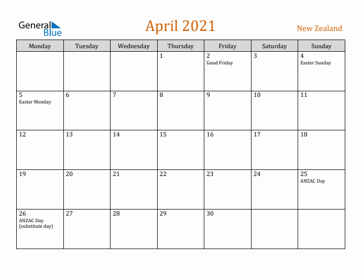 April 2021 Holiday Calendar with Monday Start