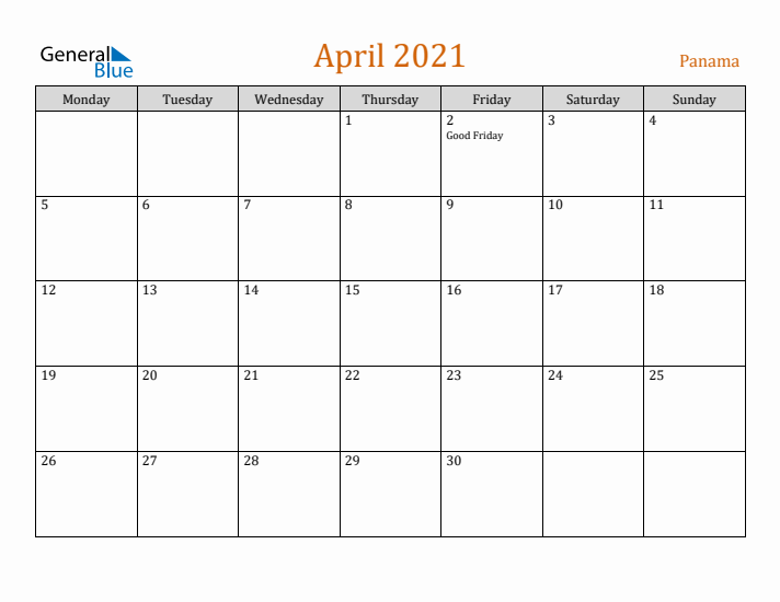 April 2021 Holiday Calendar with Monday Start