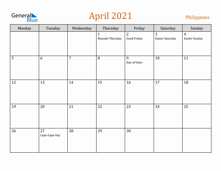 April 2021 Holiday Calendar with Monday Start