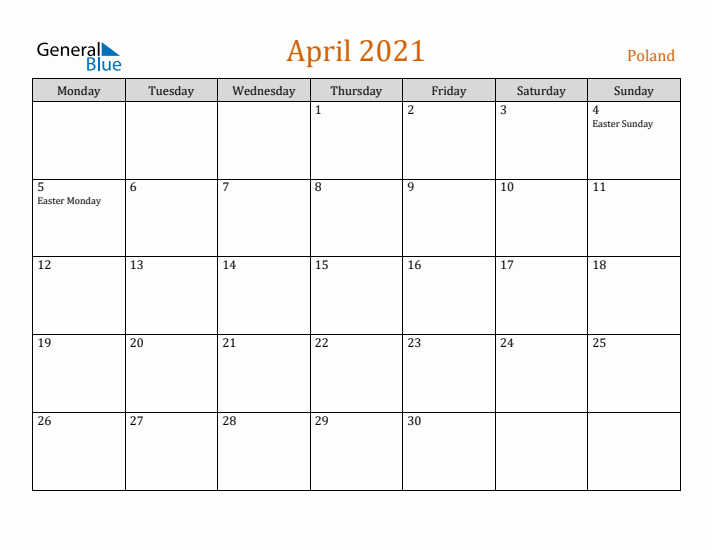 April 2021 Holiday Calendar with Monday Start