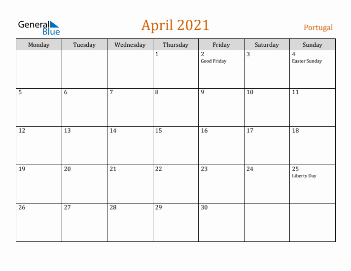 April 2021 Holiday Calendar with Monday Start