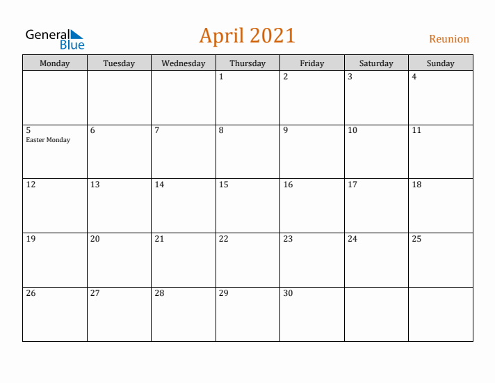 April 2021 Holiday Calendar with Monday Start