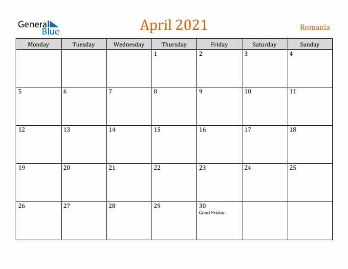 April 2021 Holiday Calendar with Monday Start