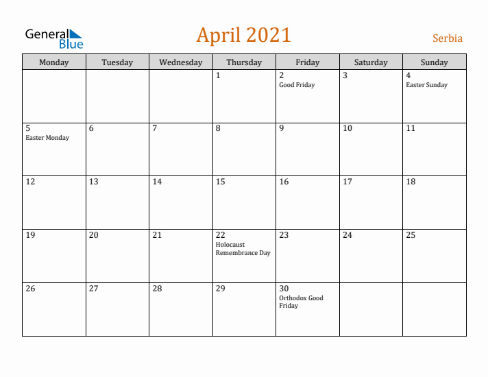 April 2021 Holiday Calendar with Monday Start