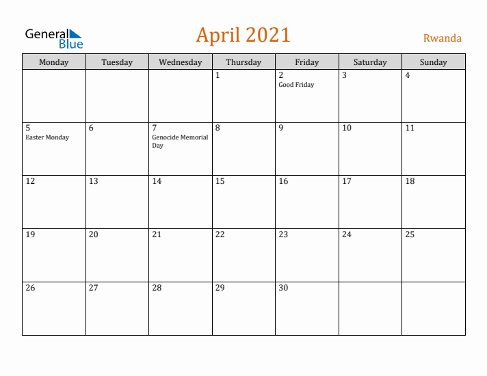 April 2021 Holiday Calendar with Monday Start