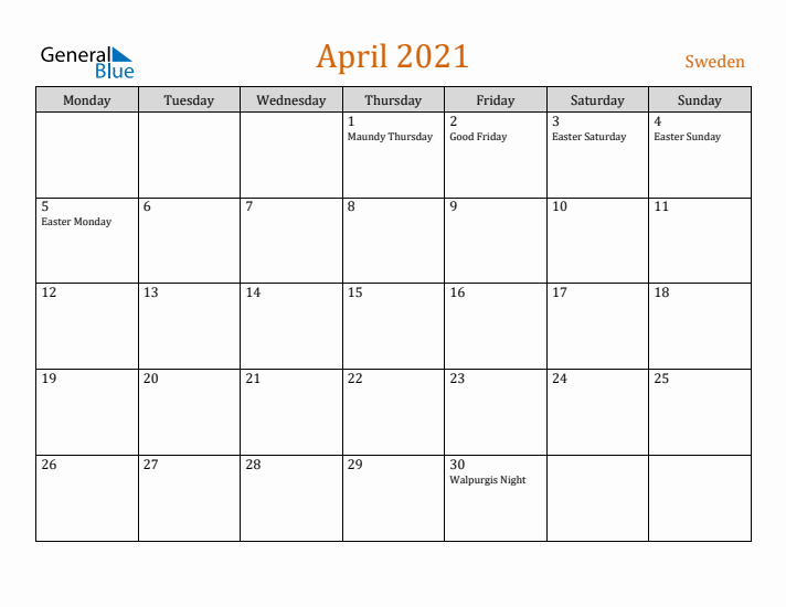 April 2021 Holiday Calendar with Monday Start