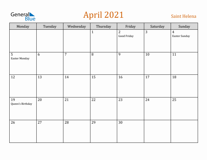 April 2021 Holiday Calendar with Monday Start