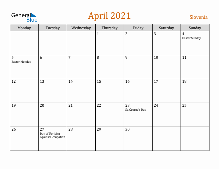 April 2021 Holiday Calendar with Monday Start