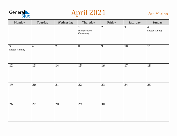 April 2021 Holiday Calendar with Monday Start