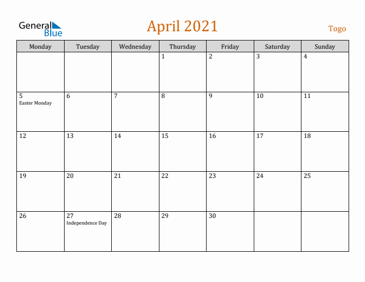 April 2021 Holiday Calendar with Monday Start