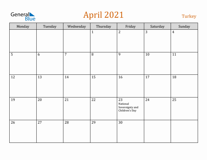 April 2021 Holiday Calendar with Monday Start