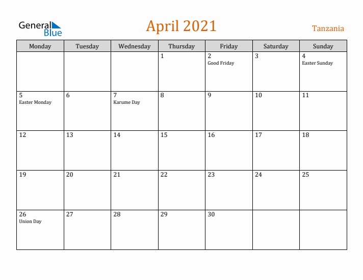 April 2021 Holiday Calendar with Monday Start