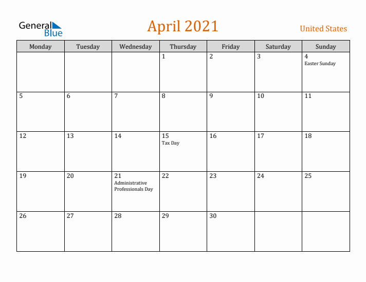 April 2021 Holiday Calendar with Monday Start