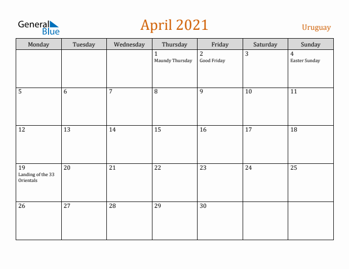 April 2021 Holiday Calendar with Monday Start