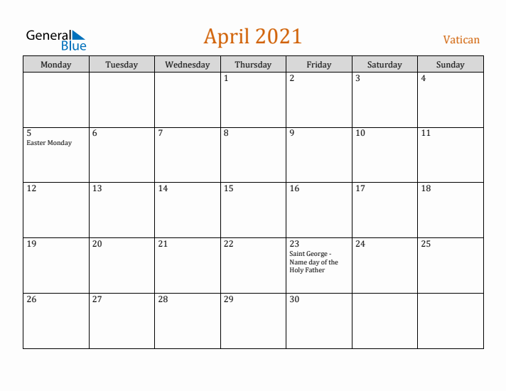 April 2021 Holiday Calendar with Monday Start