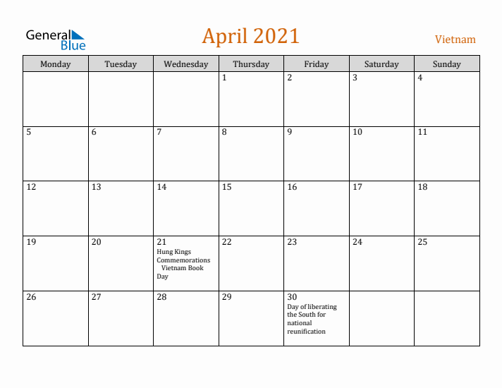 April 2021 Holiday Calendar with Monday Start