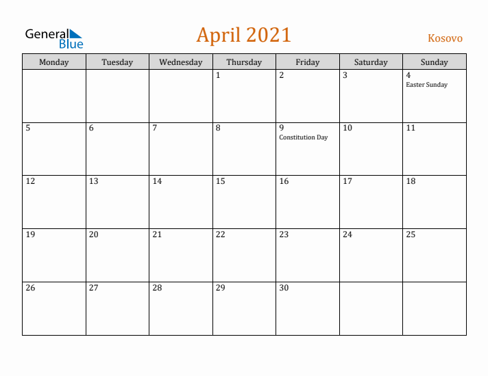 April 2021 Holiday Calendar with Monday Start