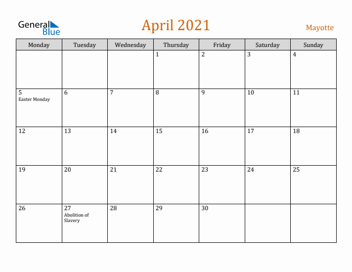 April 2021 Holiday Calendar with Monday Start