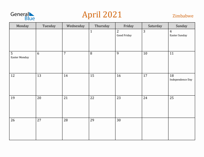 April 2021 Holiday Calendar with Monday Start