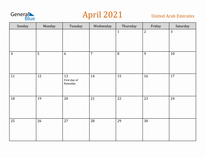 April 2021 Holiday Calendar with Sunday Start