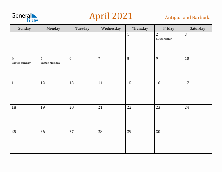 April 2021 Holiday Calendar with Sunday Start