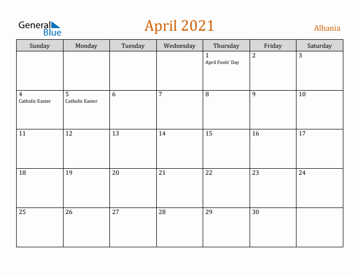 April 2021 Holiday Calendar with Sunday Start