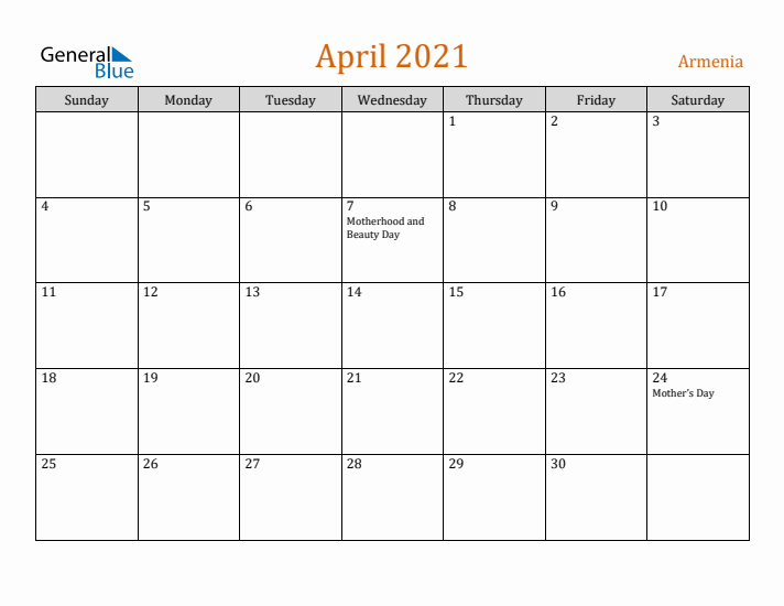 April 2021 Holiday Calendar with Sunday Start