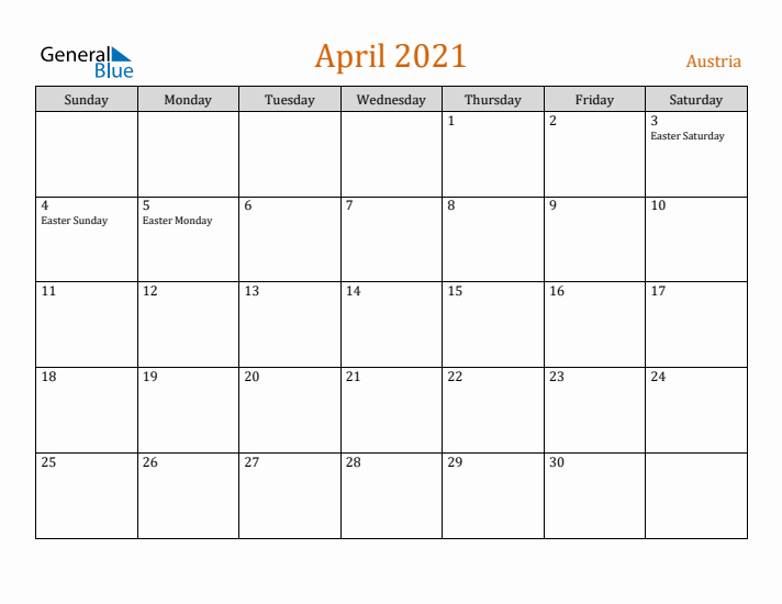 April 2021 Holiday Calendar with Sunday Start