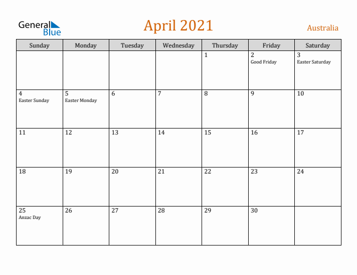 April 2021 Holiday Calendar with Sunday Start