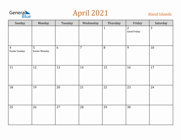 April 2021 Holiday Calendar with Sunday Start