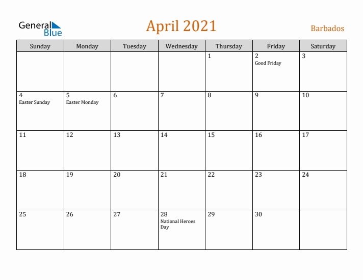 April 2021 Holiday Calendar with Sunday Start