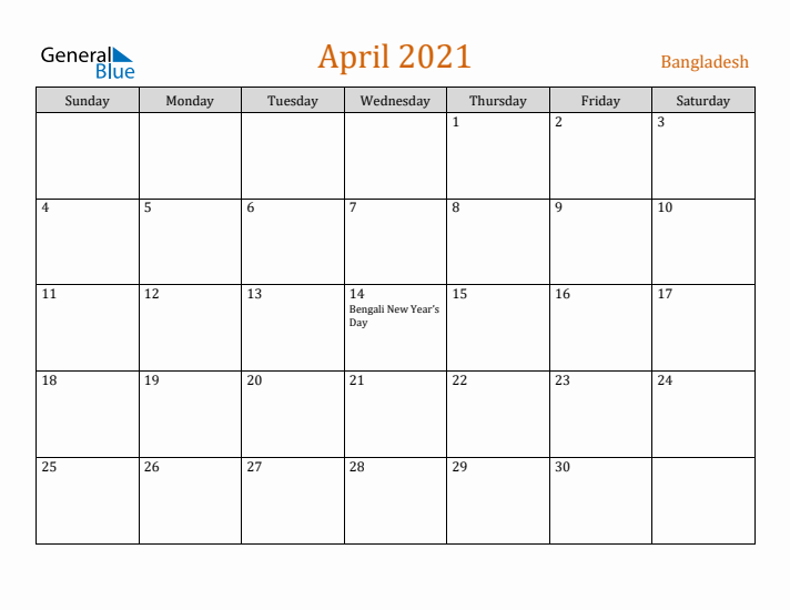 April 2021 Holiday Calendar with Sunday Start