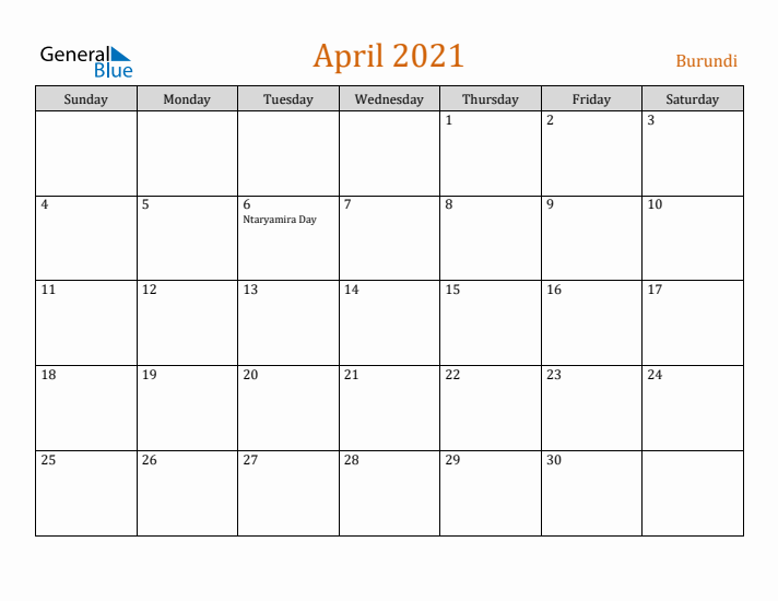 April 2021 Holiday Calendar with Sunday Start