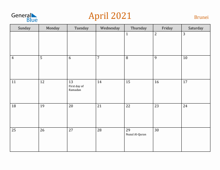 April 2021 Holiday Calendar with Sunday Start