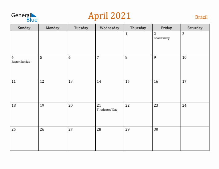 April 2021 Holiday Calendar with Sunday Start