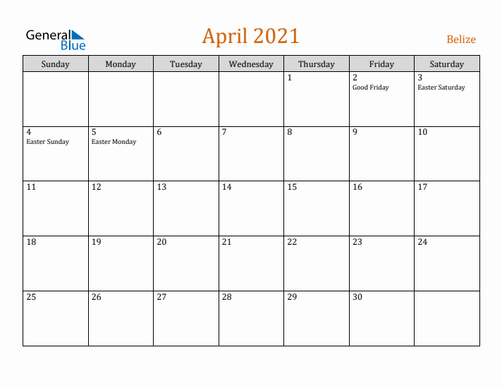 April 2021 Holiday Calendar with Sunday Start