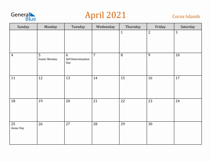 April 2021 Holiday Calendar with Sunday Start