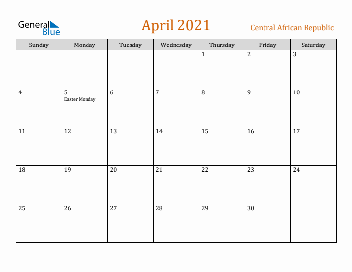 April 2021 Holiday Calendar with Sunday Start